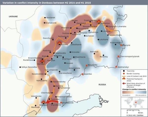 Variation in conflict intensity in Ukraine's Donbass region between H2 2014 and H1 2015