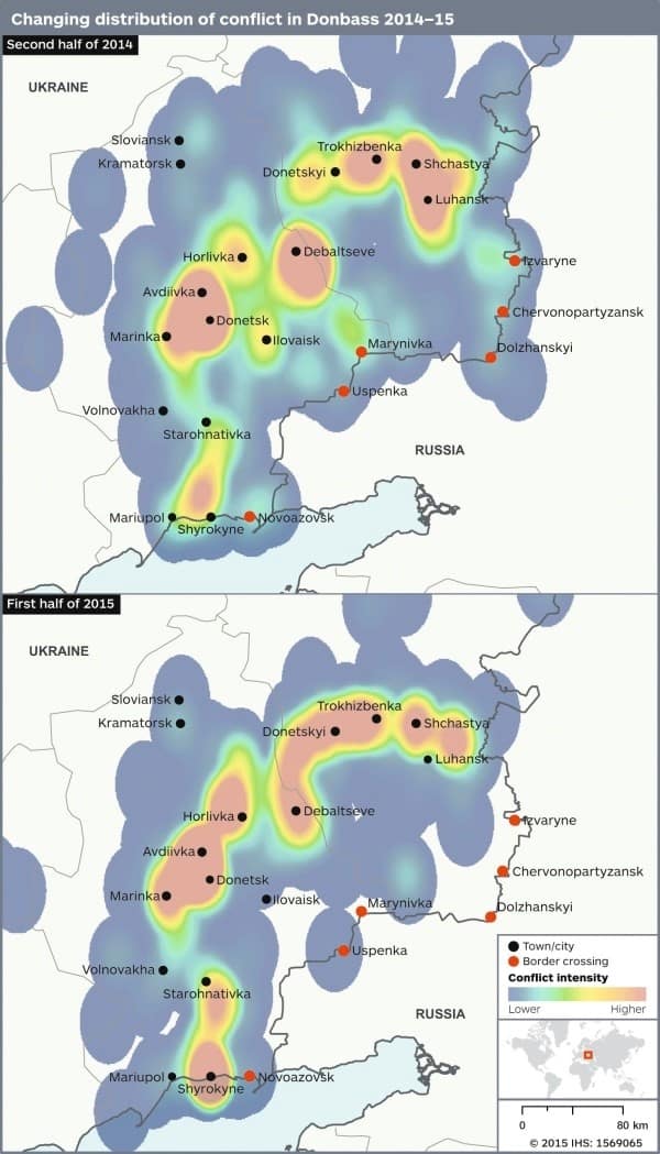 Changing distribution of conflict in Ukraine's Donbass region, 2014-15